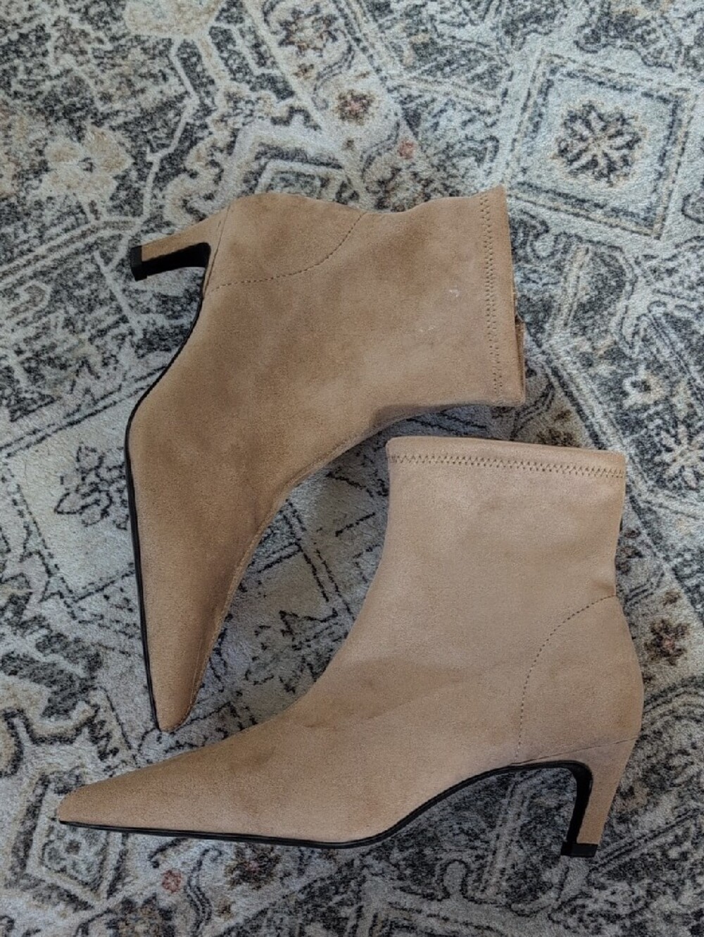 Faux Suede Pointed-Toe Ankle Boots in Taupe